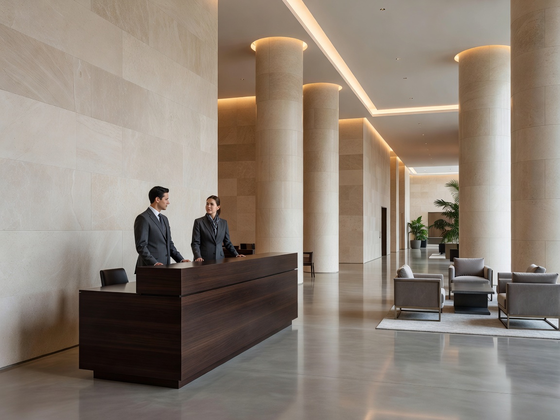 Attentive hotel concierge desk in the modern stone-clad lobby of Mandarin Oriental Savoy