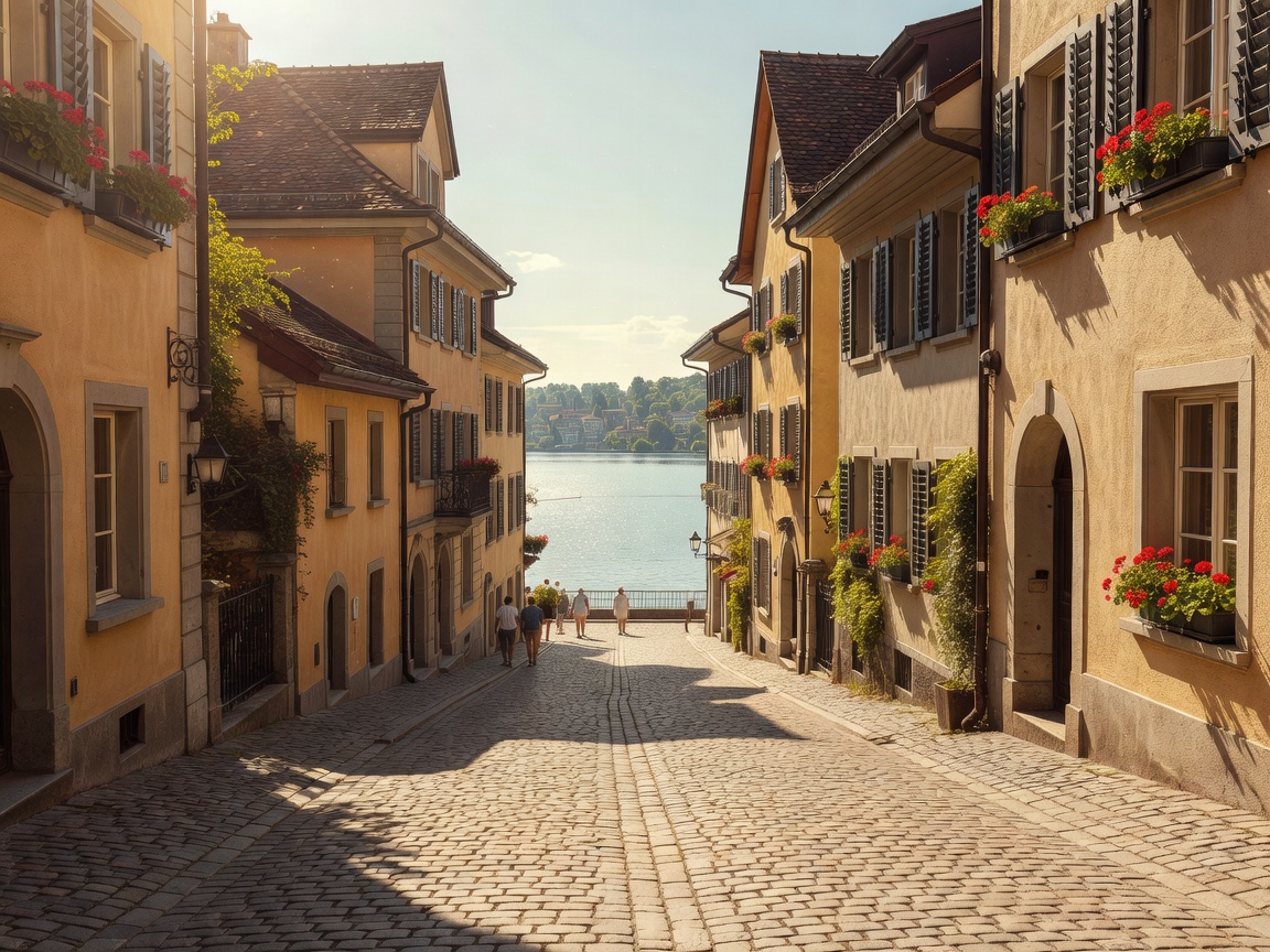Cobblestone streets of Zurich Old Town leading toward Lake Zurich in summer sunlight