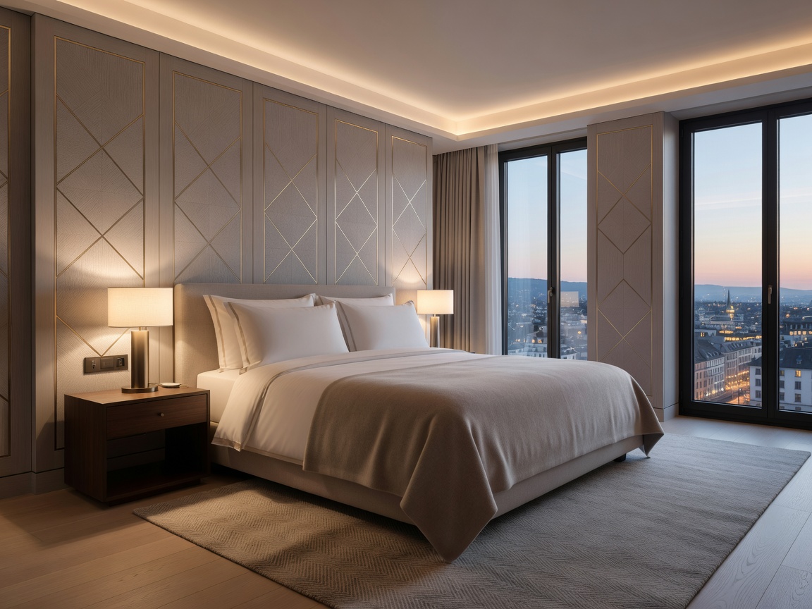 Luxurious contemporary bedroom suite at Mandarin Oriental Savoy Zurich with delicate architectural paneling