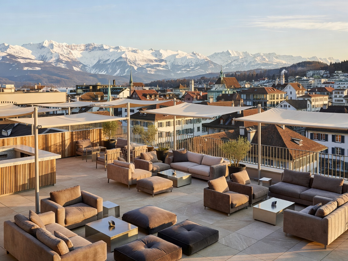 Panoramic rooftop terrace lounge overlooking Zurich Old Town and distant alpine peaks